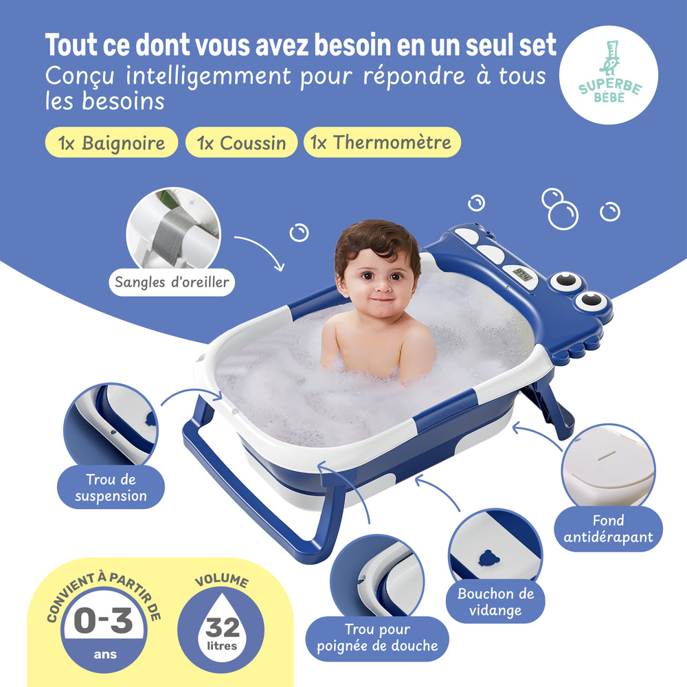 Baignoire bébé pliable - Thermomètre et coussin inclus - DINO#couleur_bleu