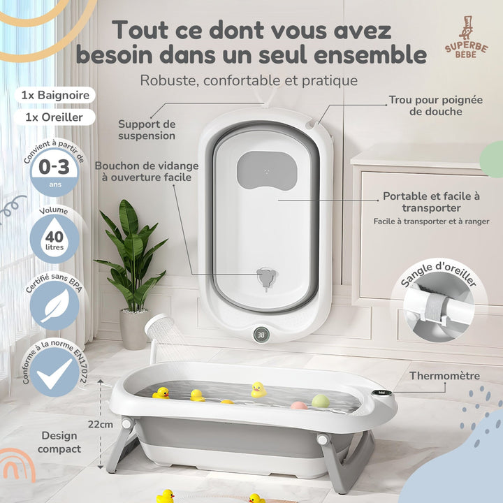 Baignoire bébé pliable - Thermomètre et coussin inclus#couleur_grey